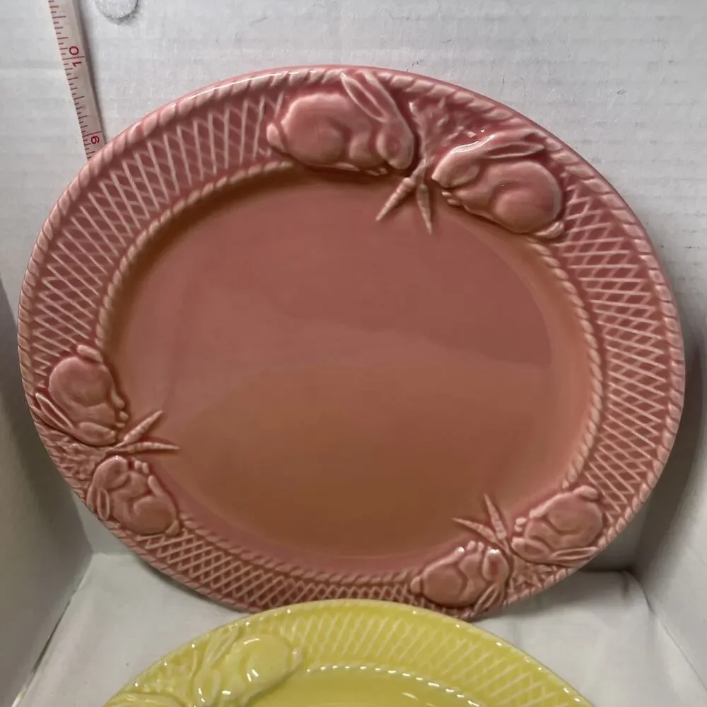 SET OF 2 Bordallo Pinheiro Dinner Plates 10”Pink & Yellow Rabbits Bunnies